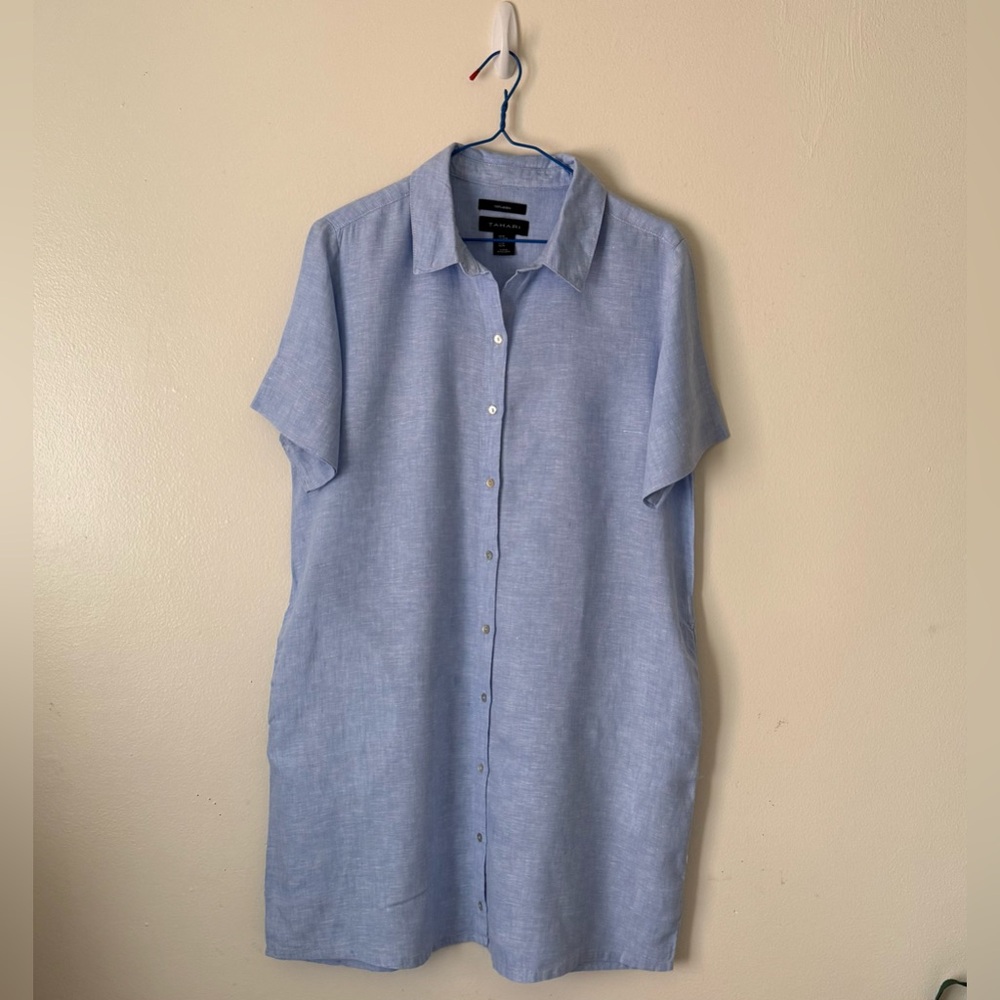 Tahari Sky Blue 100% Linen Button Down Shirt Dress